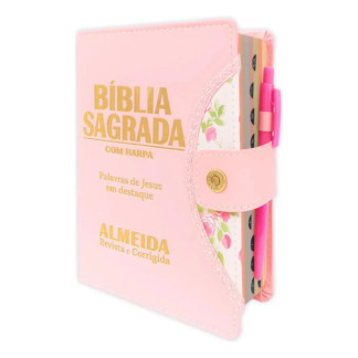 Bíblia Sagrada Feminina Letra Grande Botão Rosa Com Harpa Rei Das Bíblias