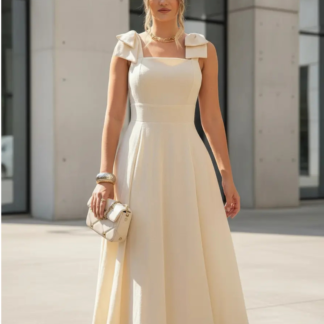 Vestido Longo De Linho Forrado Com Lacinho No Ombro Bojo